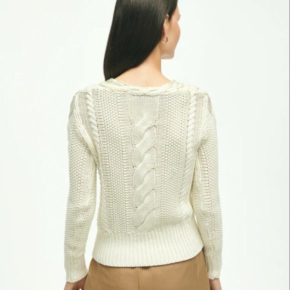 White Cotton Cable Knit V-Neck Sweater (Med) - Picture 6 of 6